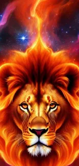 Fiery lion face against a cosmic nebula backdrop.