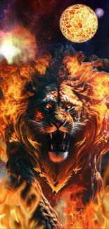 Fiery lion with cosmic background and flames.