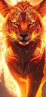 Fiery lion artwork mobile wallpaper with vibrant orange and red hues.