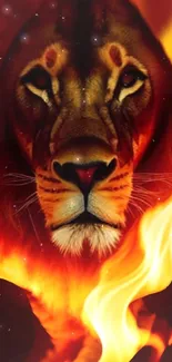 Lion surrounded by flames in vibrant wallpaper design.