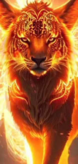 Vibrant fiery lion digital art wallpaper in warm orange tones.