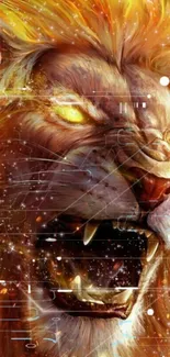 Dynamic fiery lion digital wallpaper with vibrant colors.