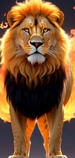 A fiery lion with flames in digital art.