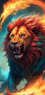 Vibrant digital art of a lion with fiery flames.