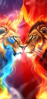 Two fiery lions in blue and red hues facing each other.