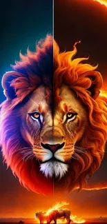 Fiery and cosmic lion face with vibrant colors merging in art.