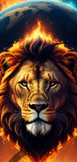 Majestic lion with fiery mane before the Earth in a celestial wallpaper.