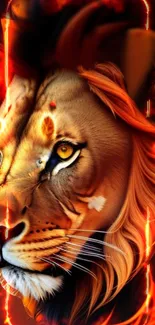 Fiery lion artwork with bold orange flames.