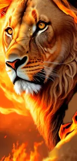 Majestic lion with fiery mane on mobile wallpaper.