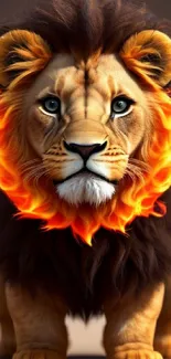 Lion with a fiery flaming mane and intense gaze.