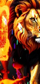 Lion surrounded by flames in a fantasy art style, rich in vibrant colors.