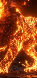 Fiery lion in fantasy artwork, blazing with orange flames.