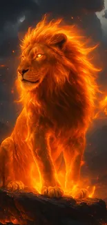 Fiery lion standing on rocky terrain with flames.