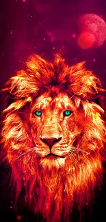 Fiery lion with cosmic background, vivid colors for mobile wallpaper.