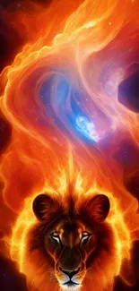 Fiery lion with space galaxy background in vivid colors.