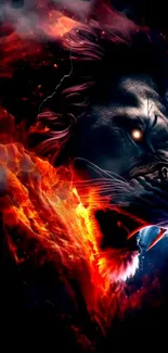 Fiery lion head with vibrant flames in HD wallpaper.