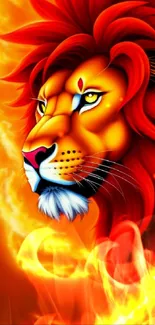 Vibrant illustration of a lion with a fiery orange mane for mobile wallpaper.