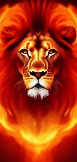 Fiery lion head with a flaming mane on a mobile wallpaper background.