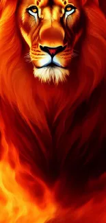 Fiery lion surrounded by flames in a vibrant artwork.