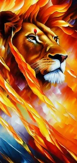 Artistic wallpaper of a lion with fiery orange and blue hues.