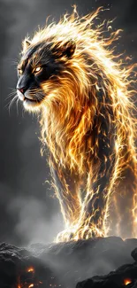 Majestic lion with fiery mane on volcanic rock.