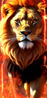 Fiery lion with vivid flames, dramatic look.