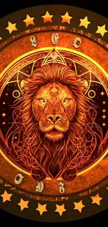 Fiery lion mandala with zodiac symbols and intricate patterns in orange hues.