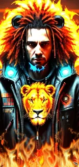 Man with fiery lion mane jacket in vibrant art style.