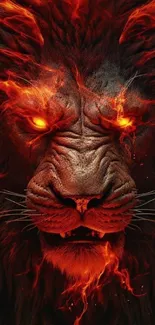 Fiery lion with glowing eyes, flames engulfing mane.
