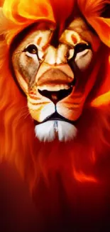 A vibrant mobile wallpaper of a lion with a fiery mane in vivid orange tones.