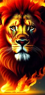 Vibrant digital artwork of a lion with a fiery mane.