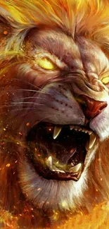 Fiery lion wallpaper with roaring flames and vibrant colors.