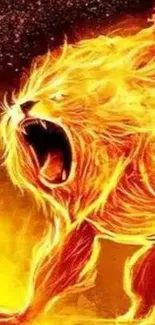 Fiery lion wallpaper with roaring flames on mobile screen.