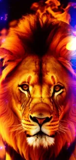 Majestic fiery lion with flames background mobile wallpaper.