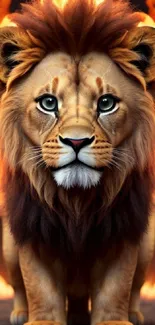 Majestic lion with fiery mane in striking mobile wallpaper.