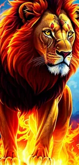 Fiery lion surrounded by flames with a dramatic sky backdrop as mobile wallpaper.