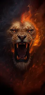 Roaring lion in fiery flames wallpaper.