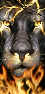 Fiery lion with glowing eyes surrounded by flames.