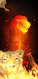 Fiery lion with artistic fire effects and bold design for mobile wallpaper.