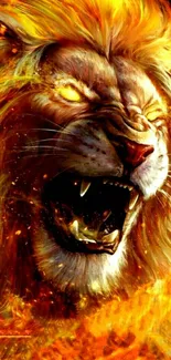 Fiery lion with flames, intense and powerful artwork.