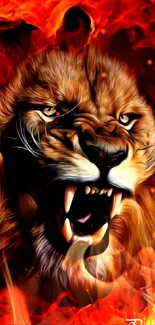 Roaring lion surrounded by fiery flames on a bold mobile wallpaper.