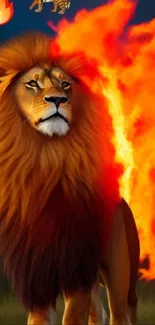 Majestic lion with fiery backdrop on mobile wallpaper.