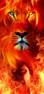 Fiery lion engulfed in vibrant flames on a mobile wallpaper.