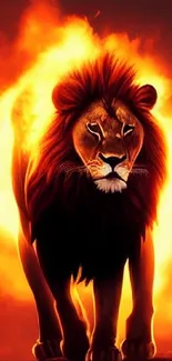 Fiery lion standing majestically in a vibrant digital art scene.