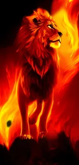 Majestic fiery lion in a blazing background for mobile wallpaper.