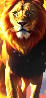 Fiery lion with flames in background on mobile wallpaper.