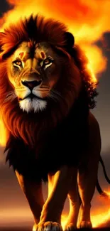 Fiery lion artwork with flames in a phone wallpaper.