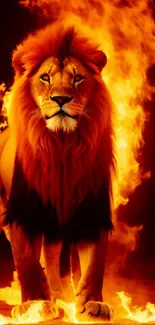 Majestic lion with a flaming mane in a fiery backdrop.