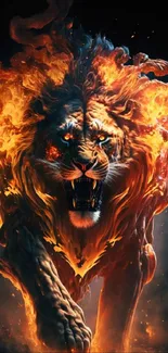 Dynamic fiery lion artwork with intense flames and vivid colors.