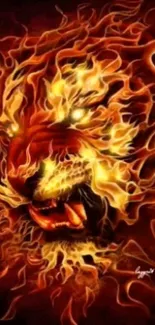 Fiery lion face with glowing forest flames in artistic wallpaper.